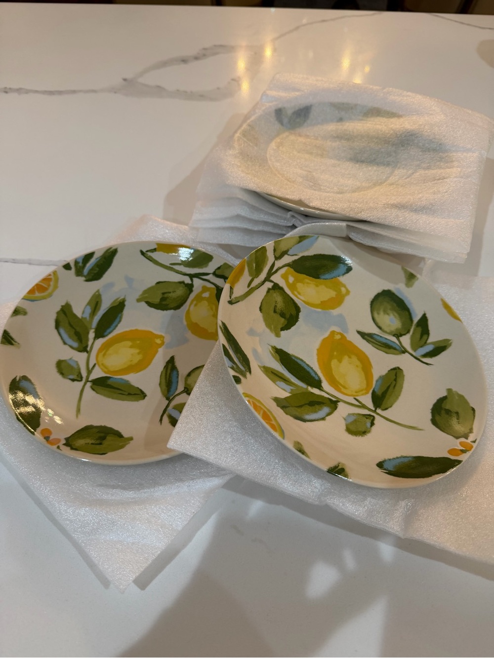 Lemon Print Ceramic 8” Lemon Patten Salad Plates - White & Yellow